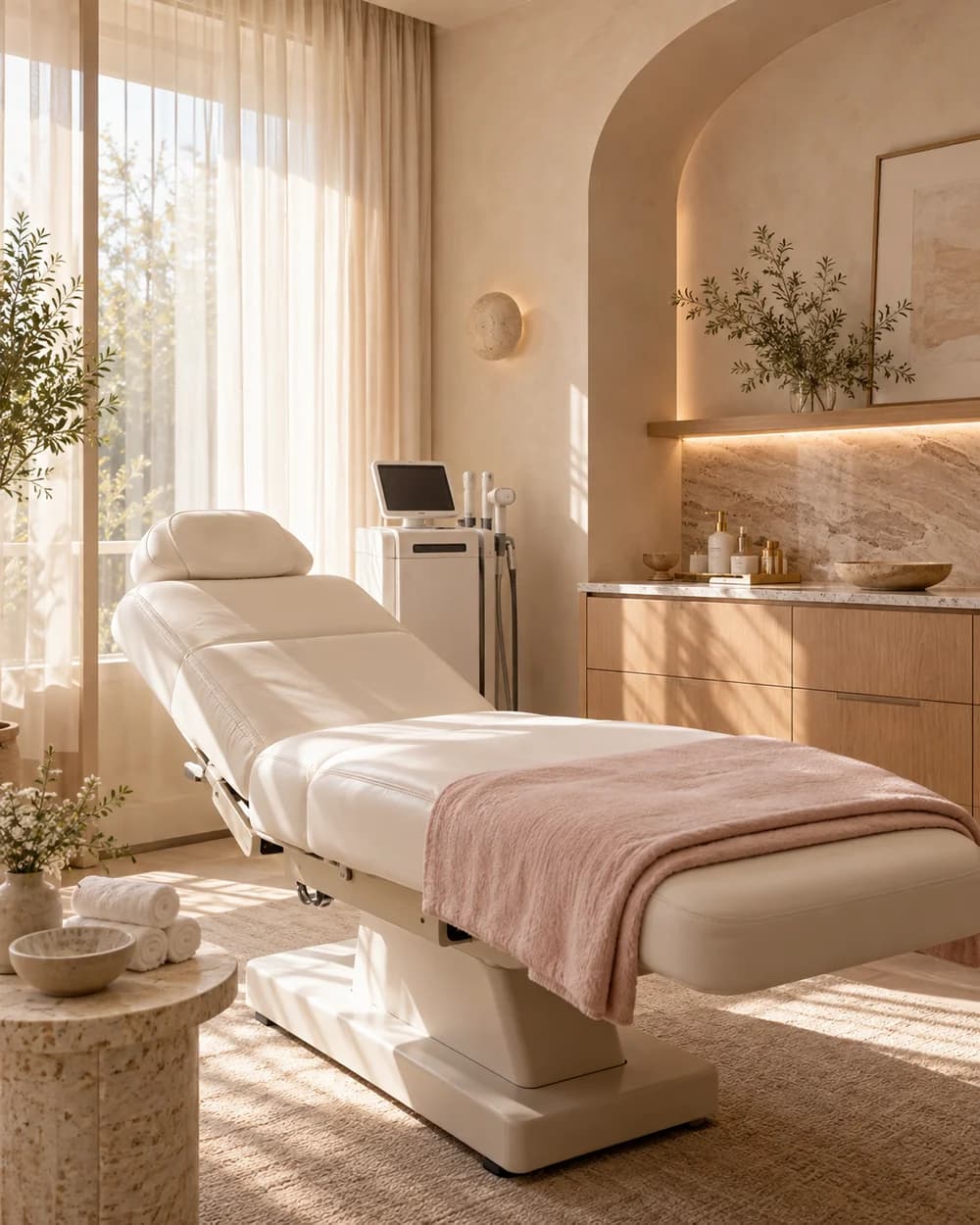 Illustrative medspa treatment suite with a white treatment chair and soft pink linens.